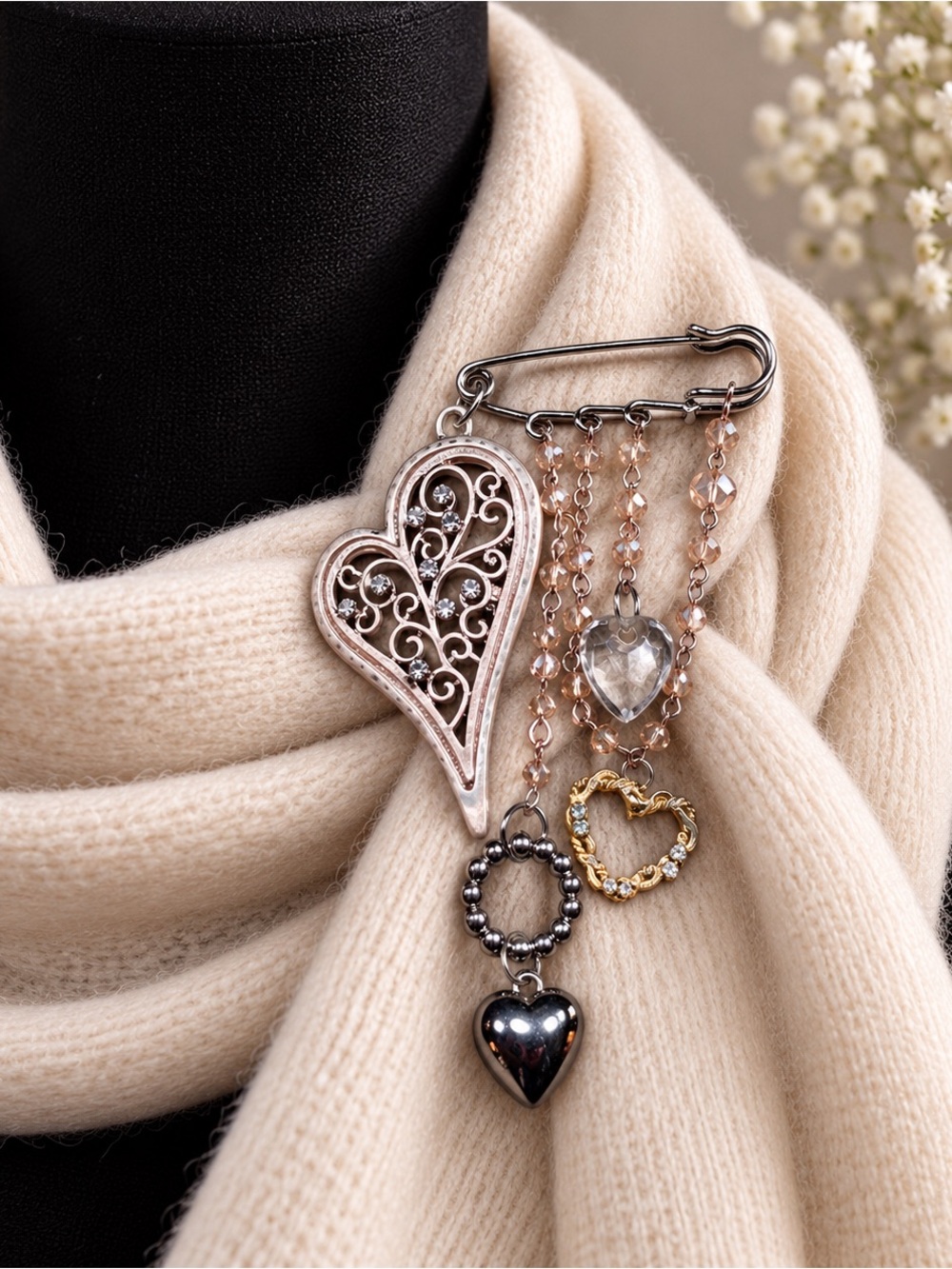 Romantic Heart Handmade Brooch 
One-of-a-Kind Statement Pin